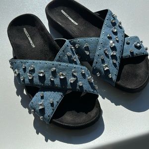 Rebecca Minkoff rhinestone denim slides new size 12